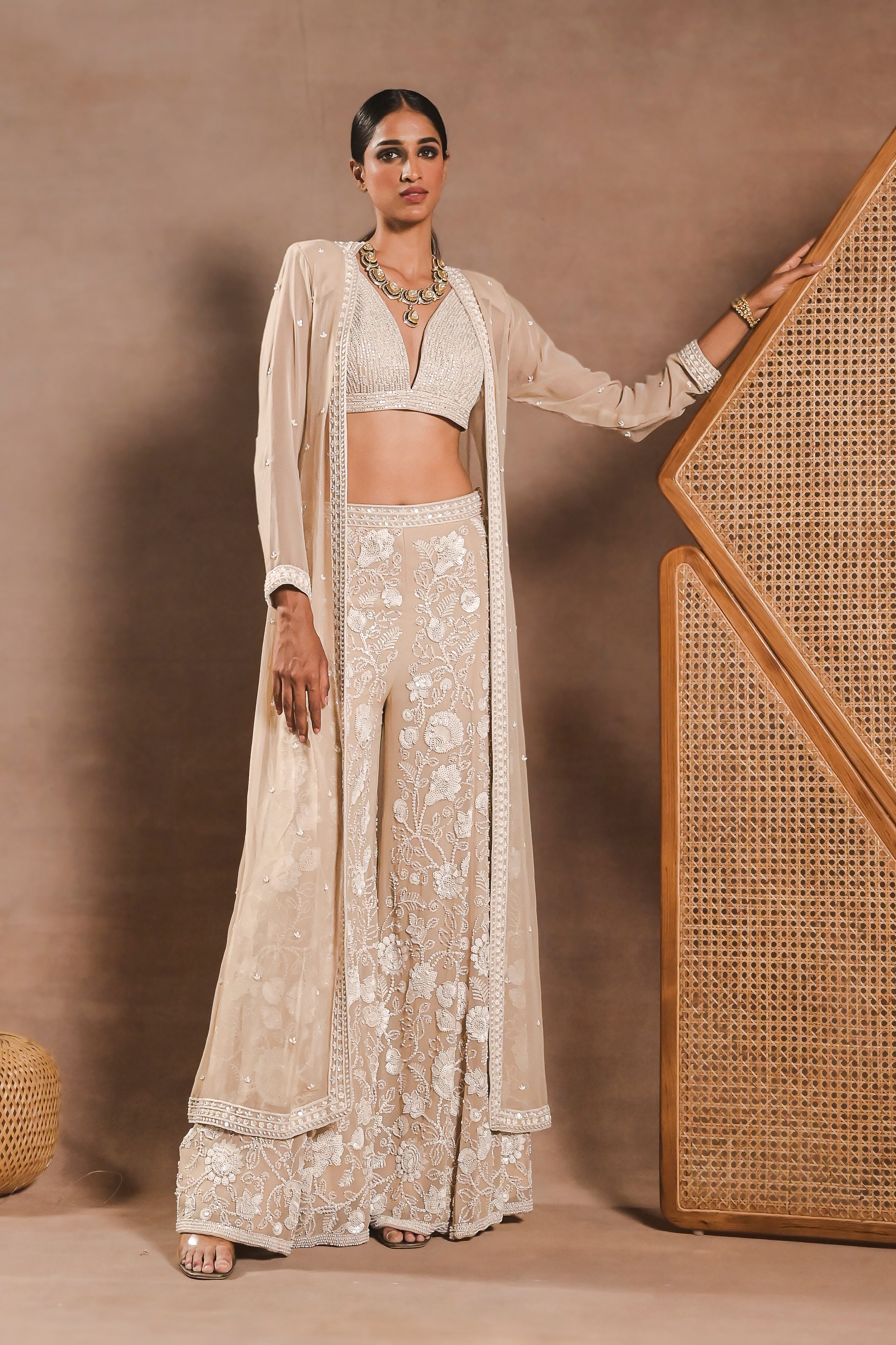 Beige Embriodered Sharara with Cape