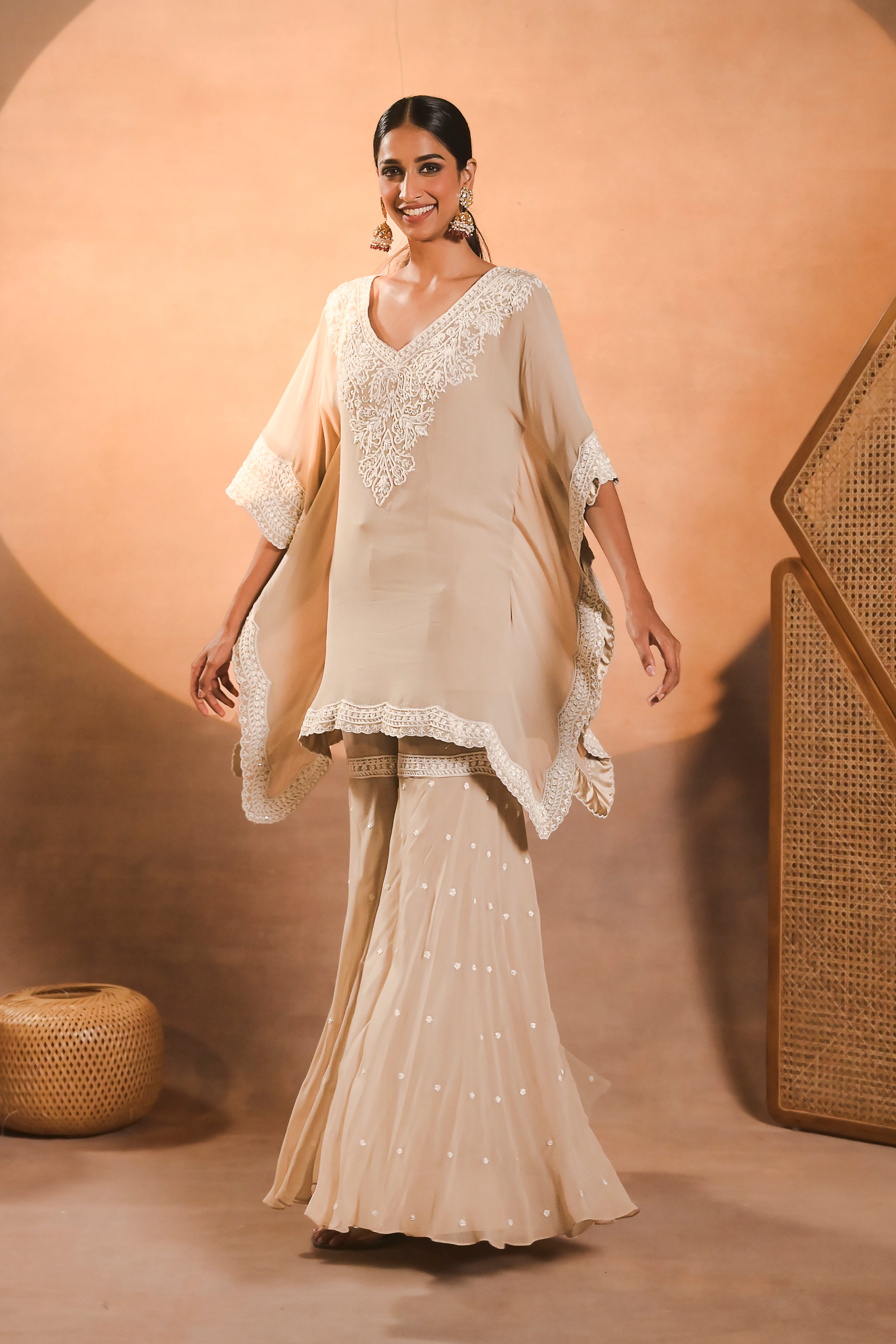 Beige Embroidered Kaftan with Sharara