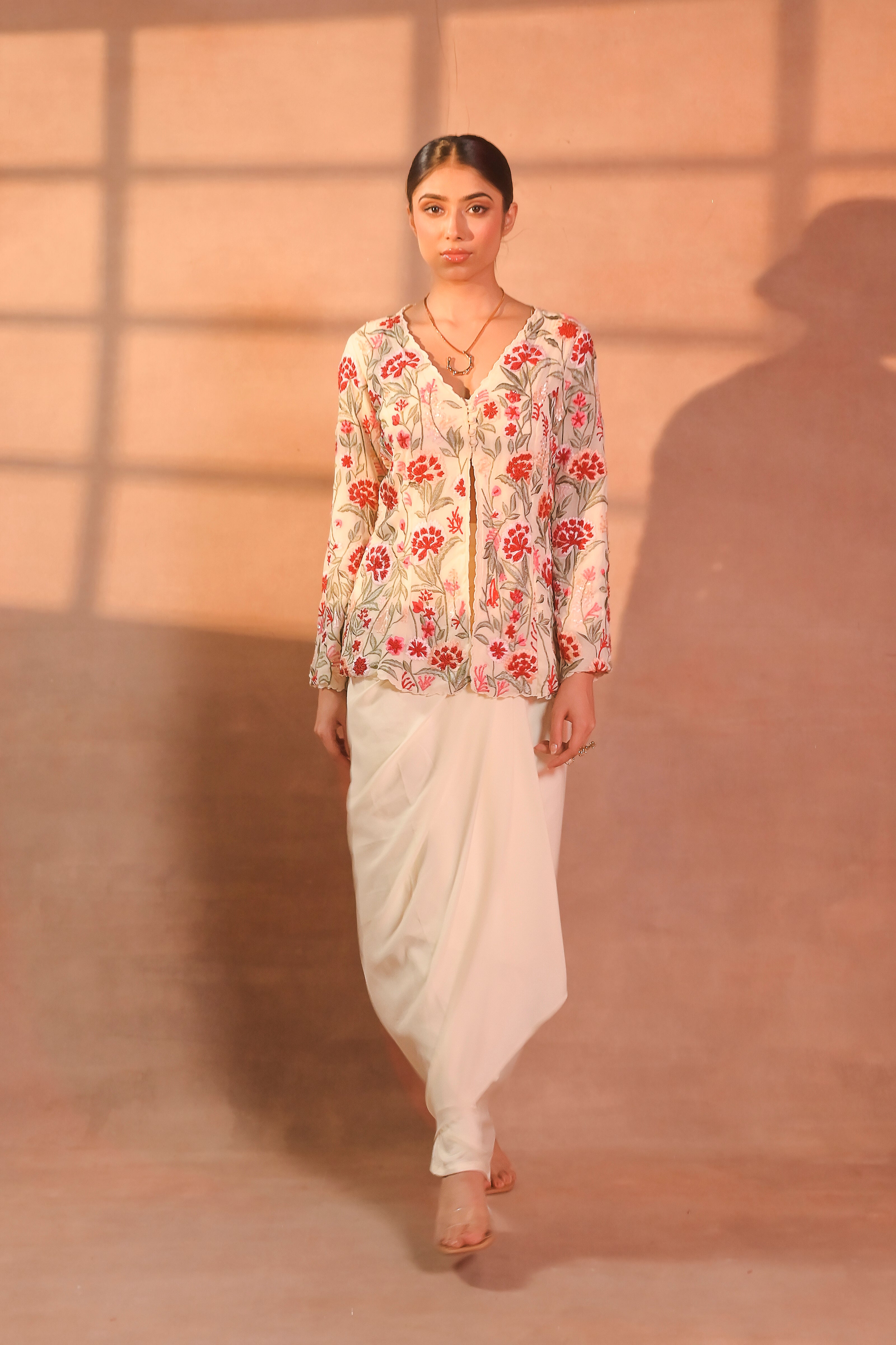 Ivory Embroidered Jacket with Draped Skirt