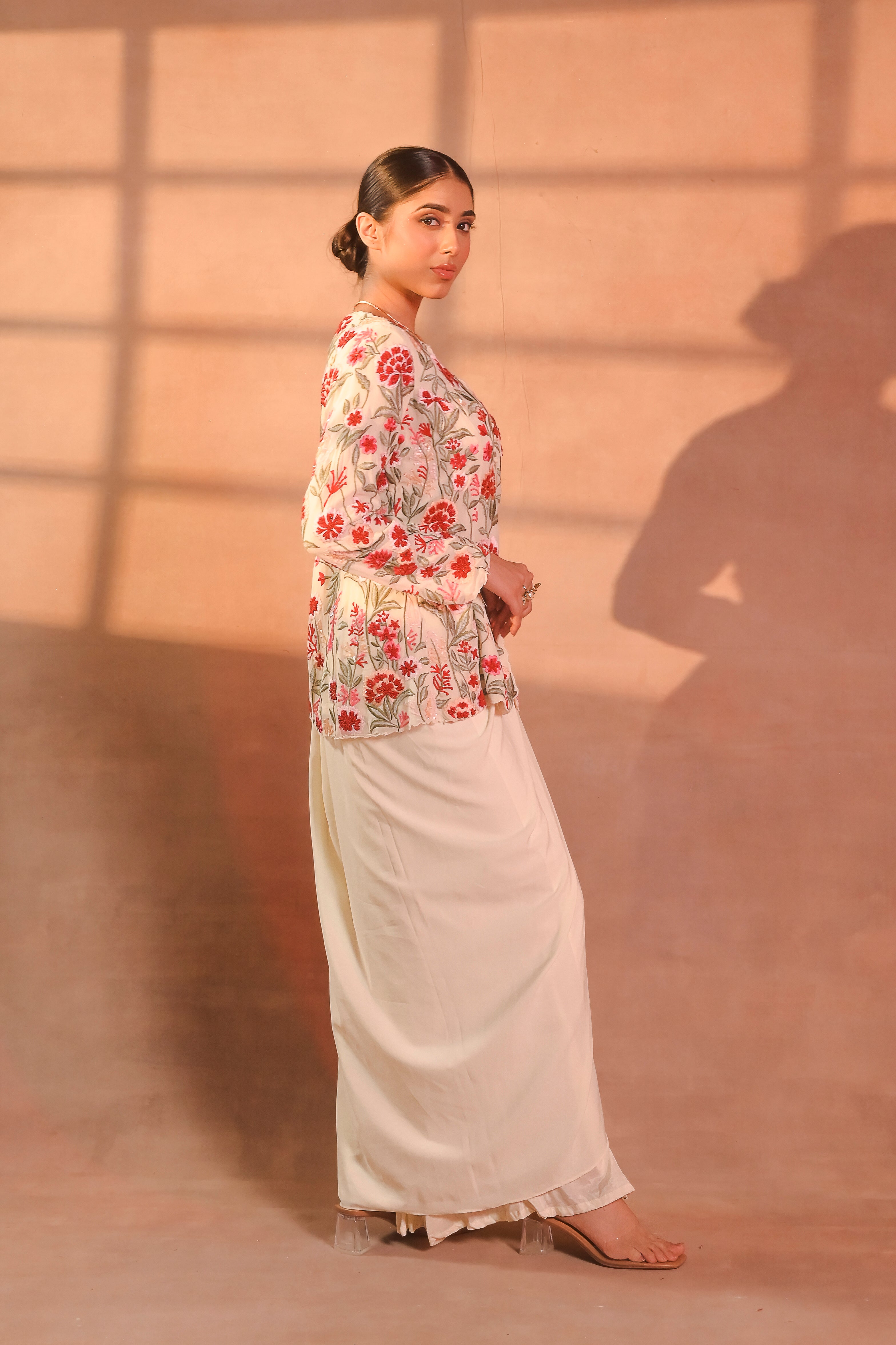 Ivory Embroidered Jacket with Draped Skirt