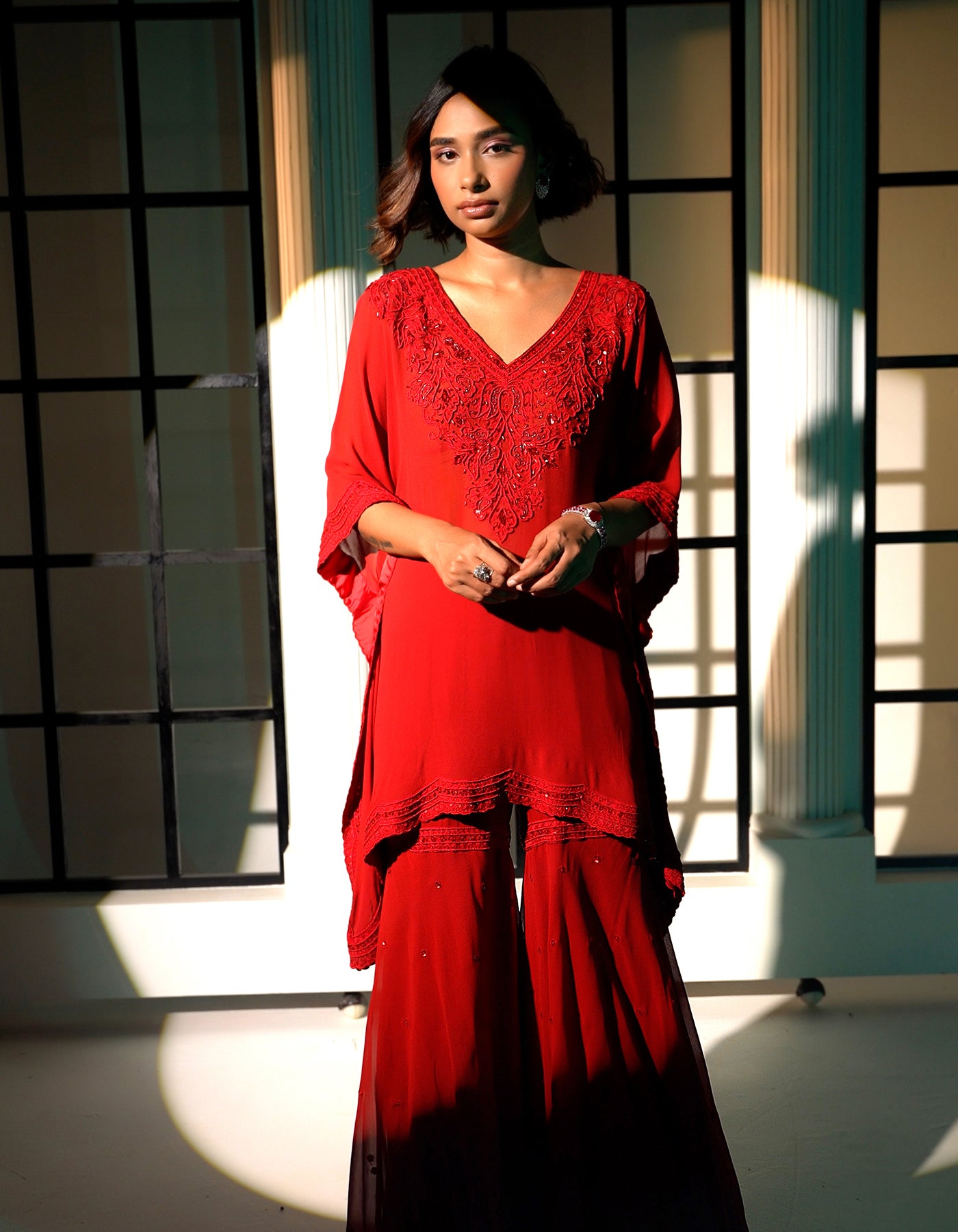 Red Embroidered kaftan with Sharara