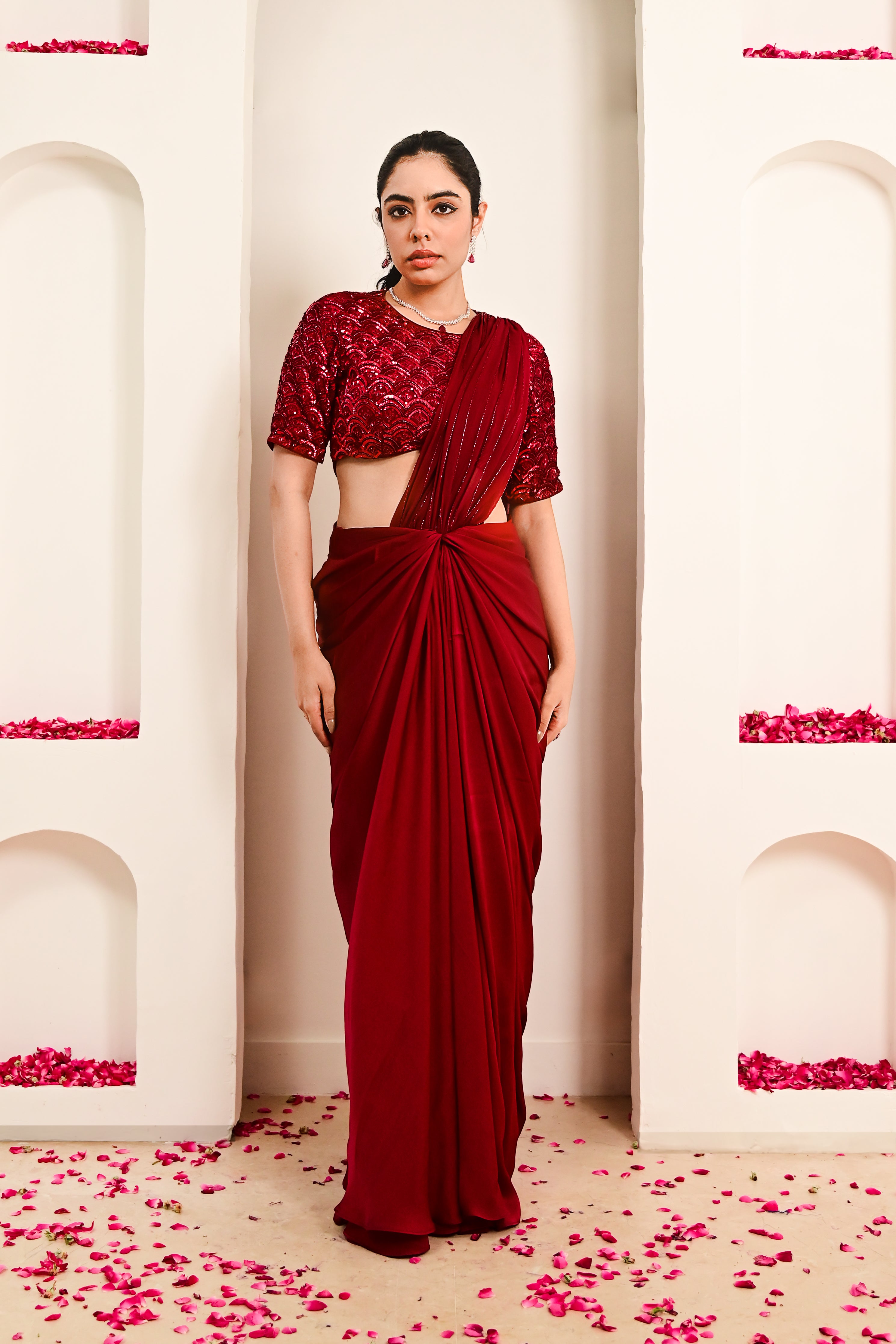 Ruby Red Pure Georgette Heavy Sequence Work Saree & Blouse