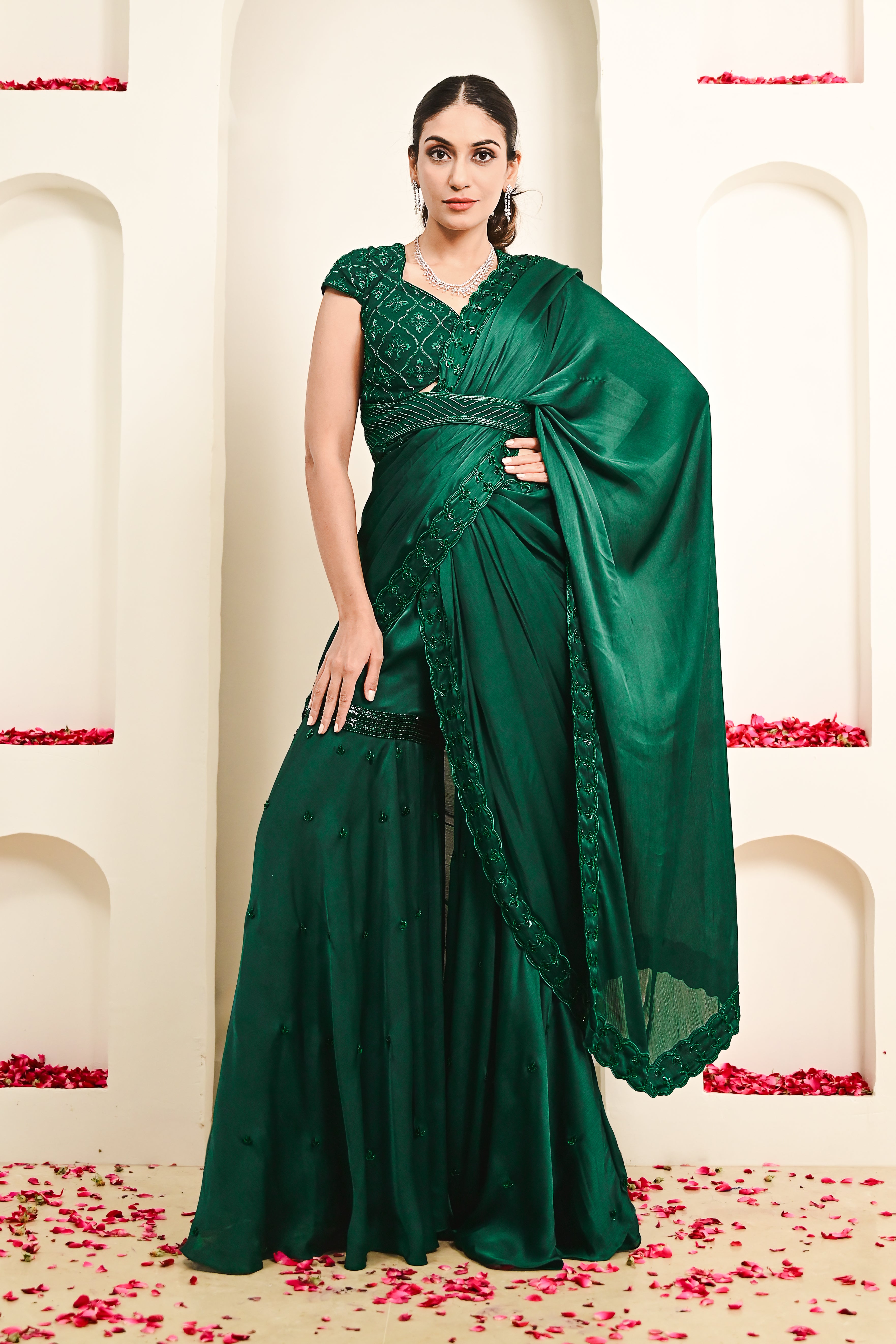 Emerald Green Draped Sharara Saree