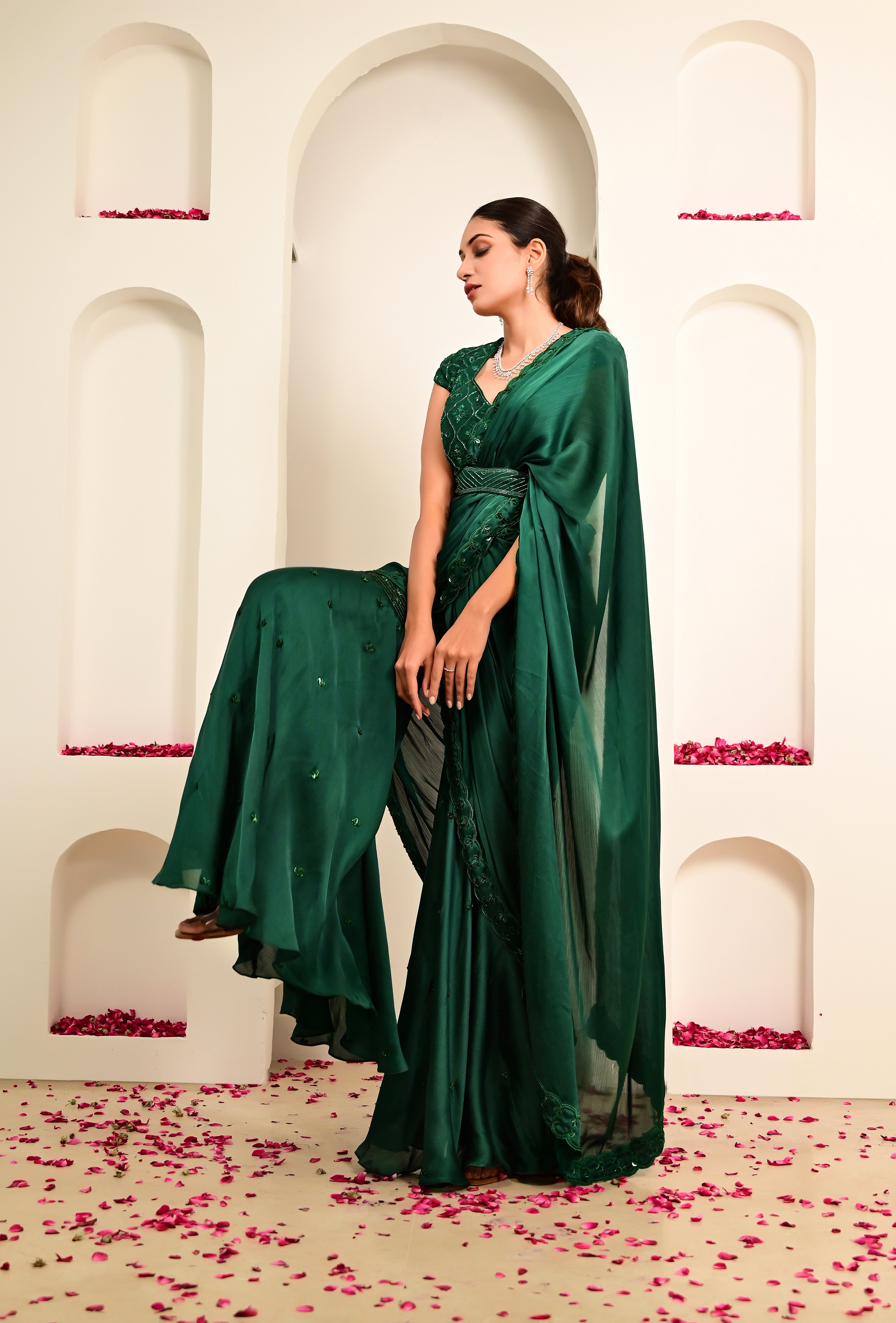 Emerald Green Draped Sharara Saree