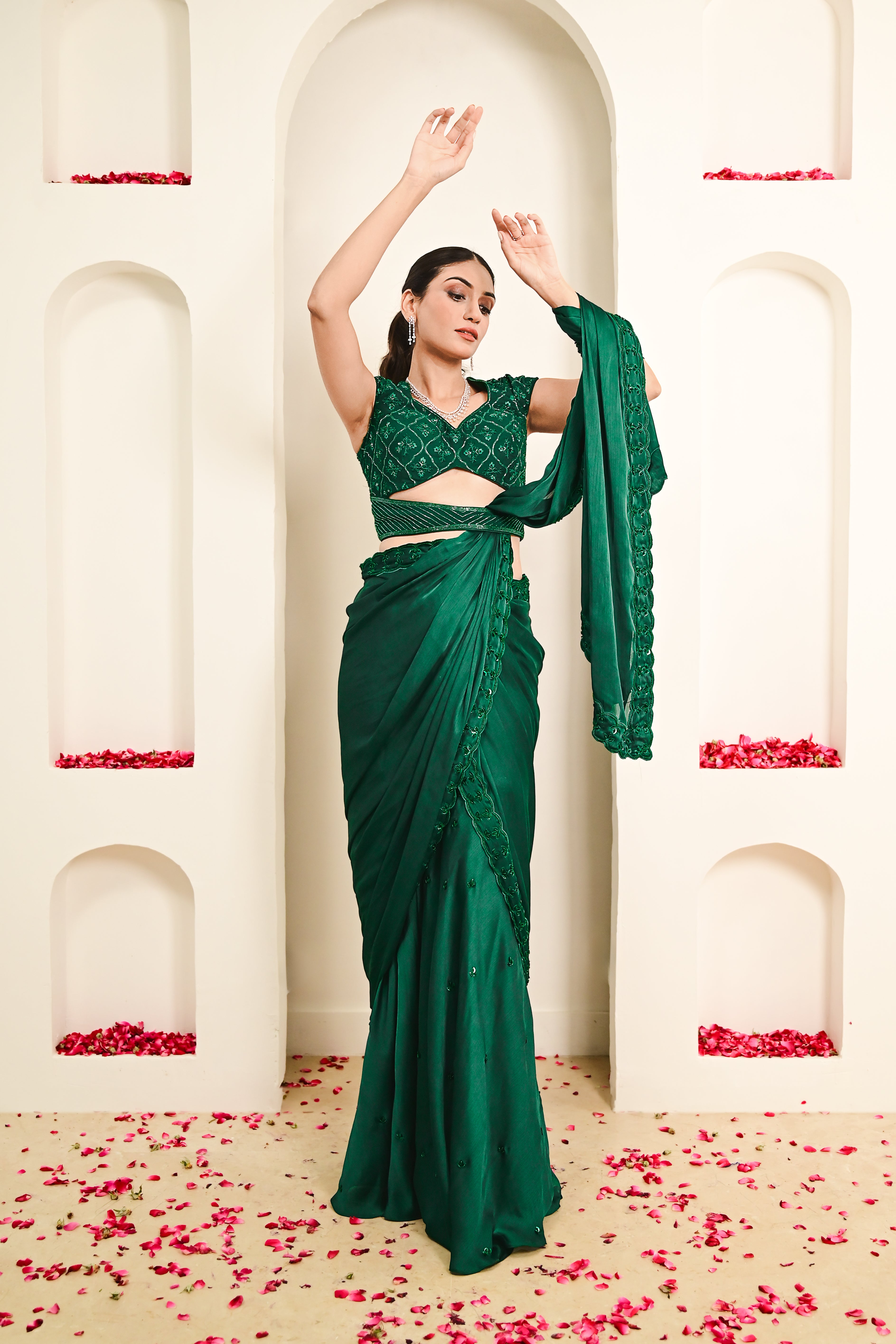 Emerald Green Draped Sharara Saree
