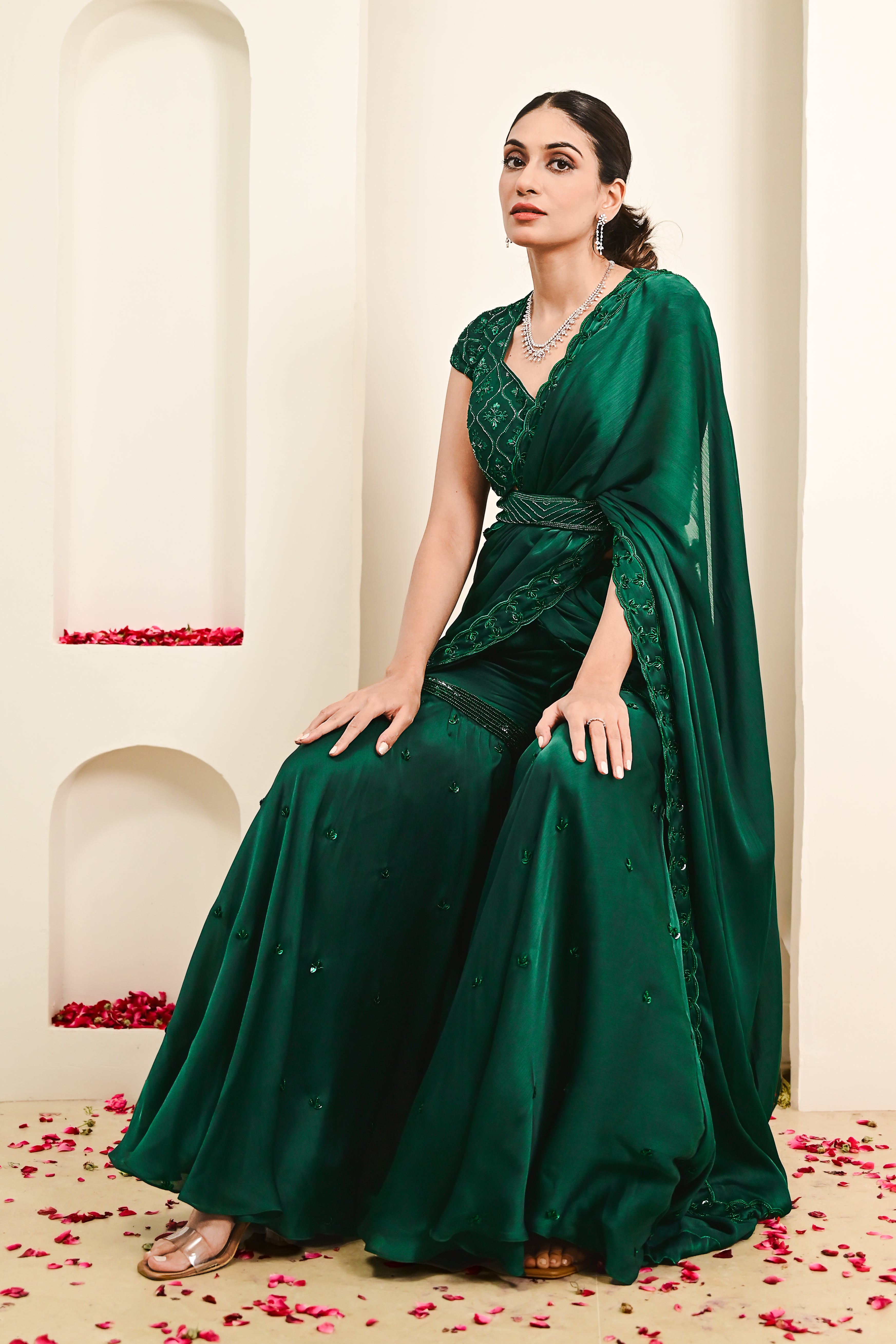 Emerald Green Draped Sharara Saree