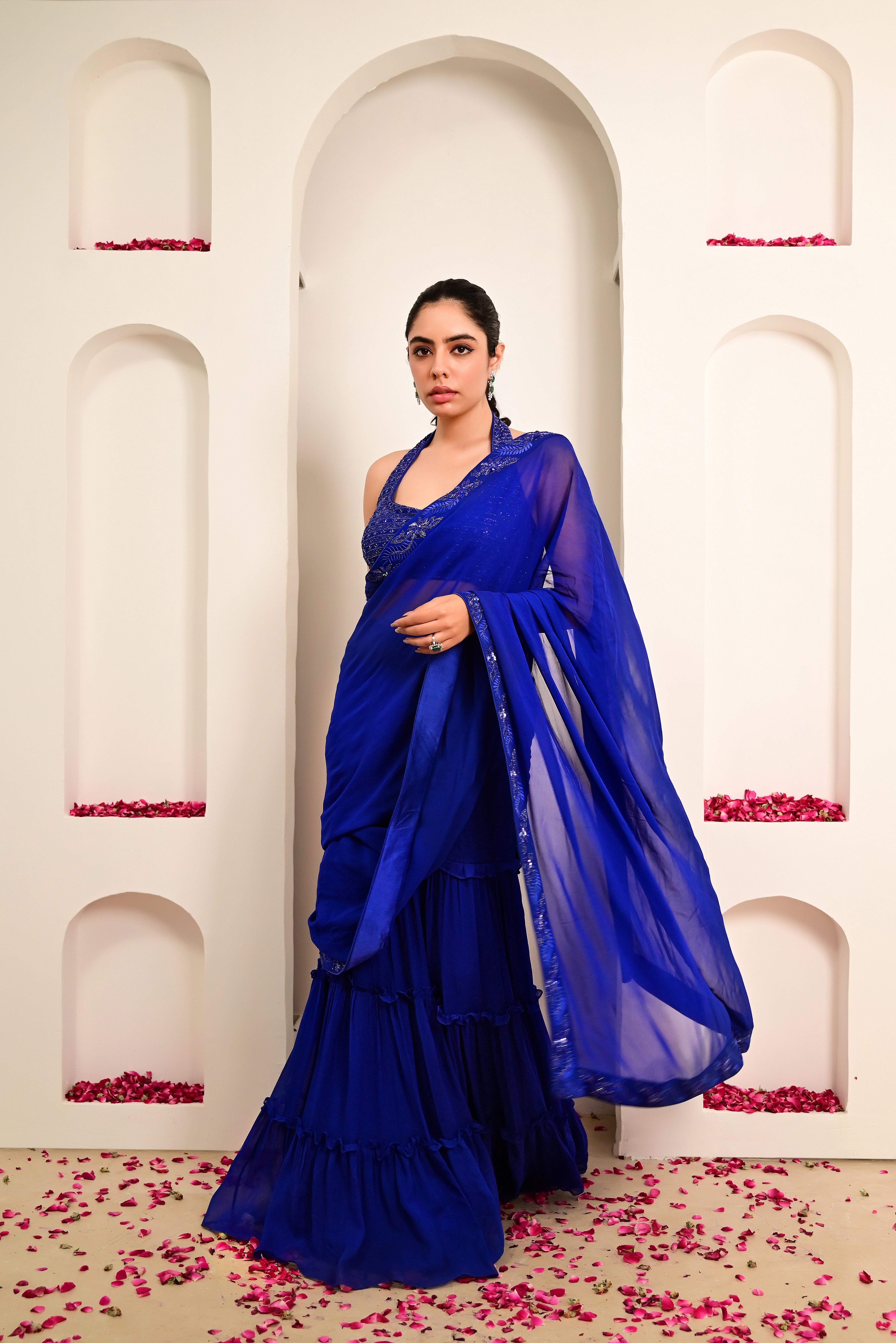 Royal Blue Smocked Draped Saree