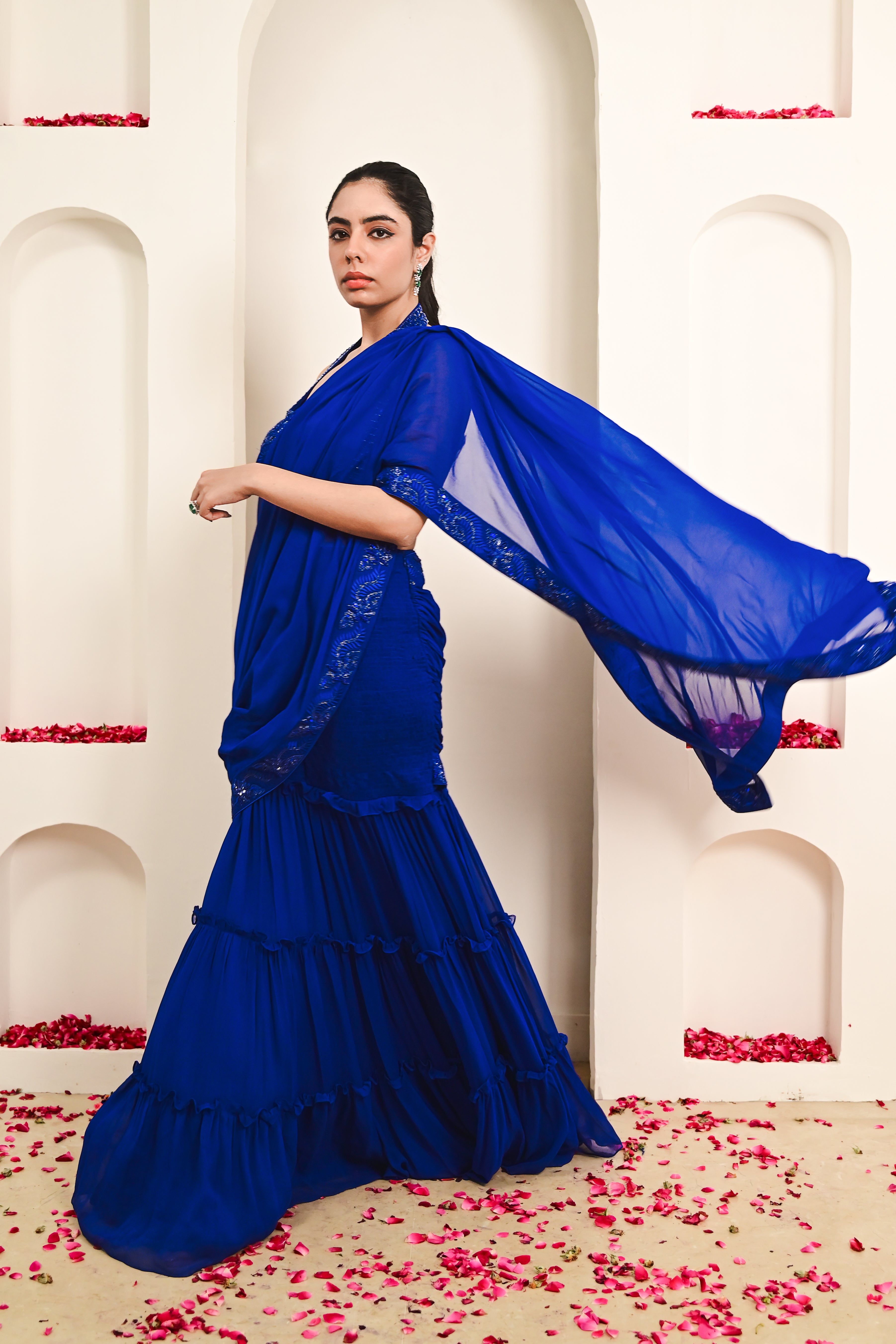 Royal Blue Smocked Draped Saree