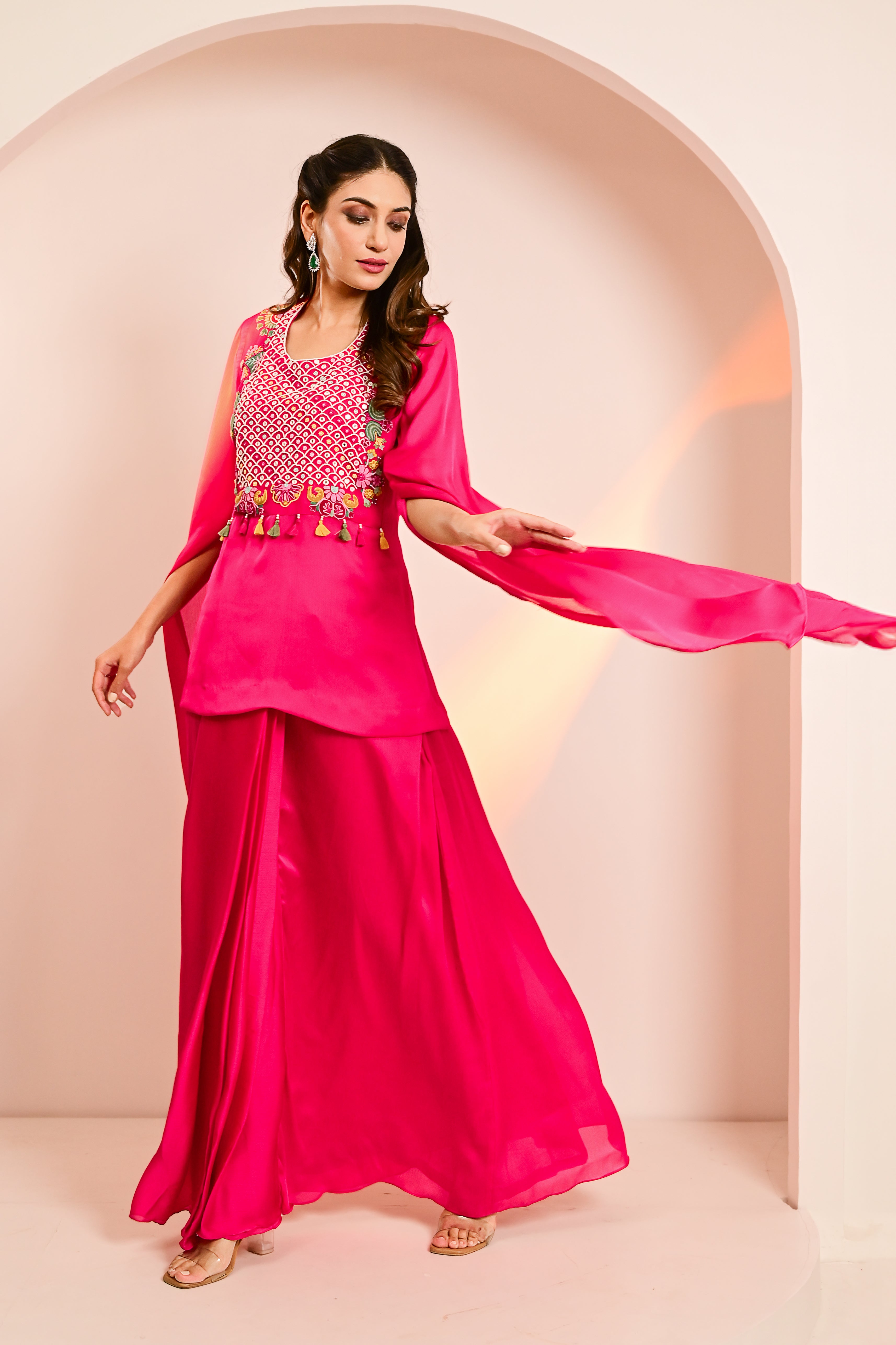 Pink Kaaftan Style Top with Draped Skirt