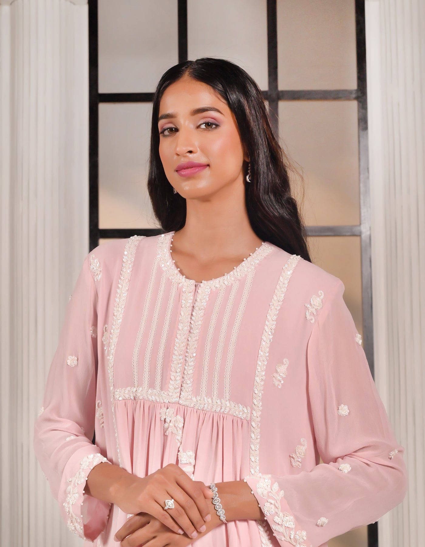 Pink Embroidered A-line Suit Set