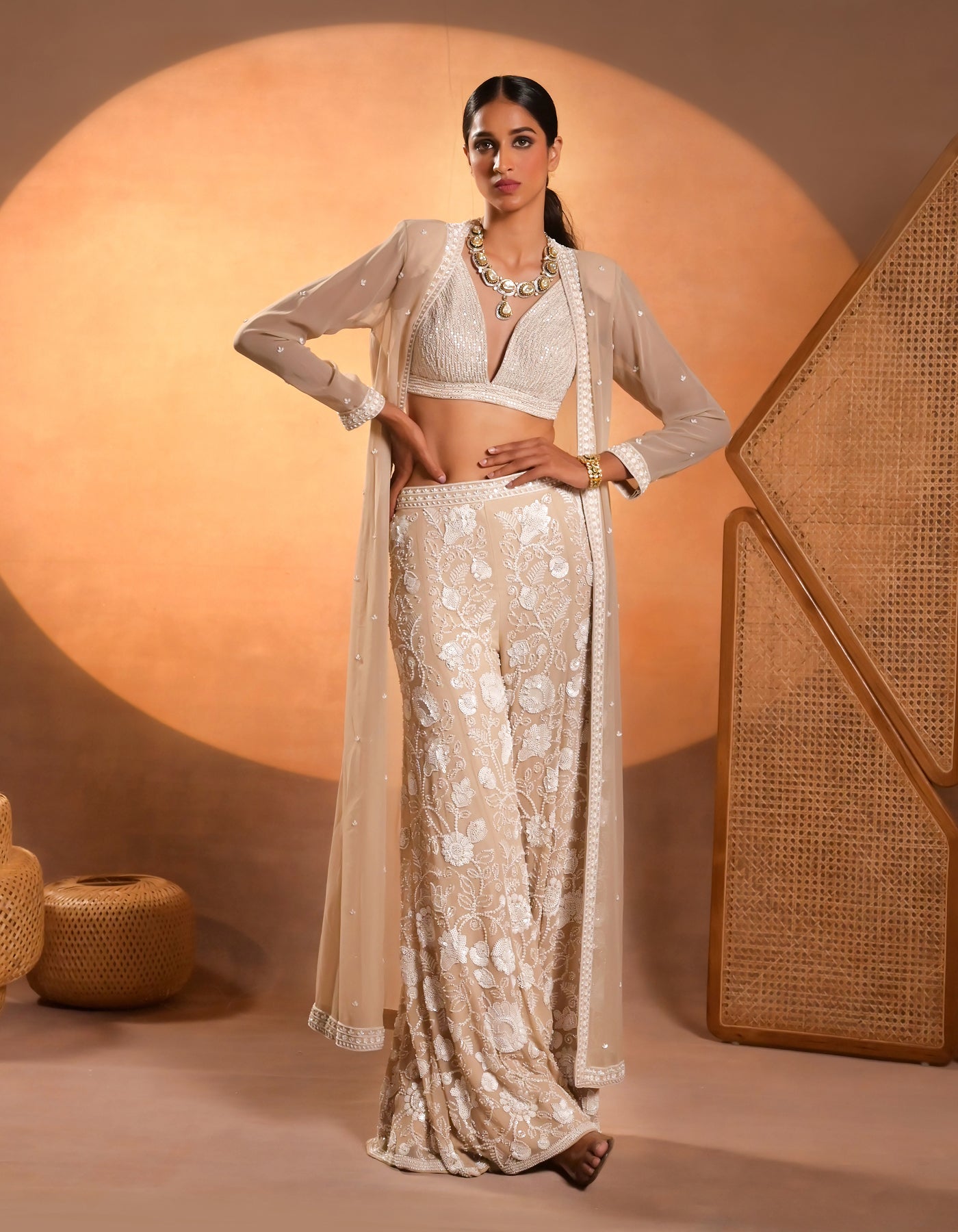 Beige Embriodered Sharara with Cape