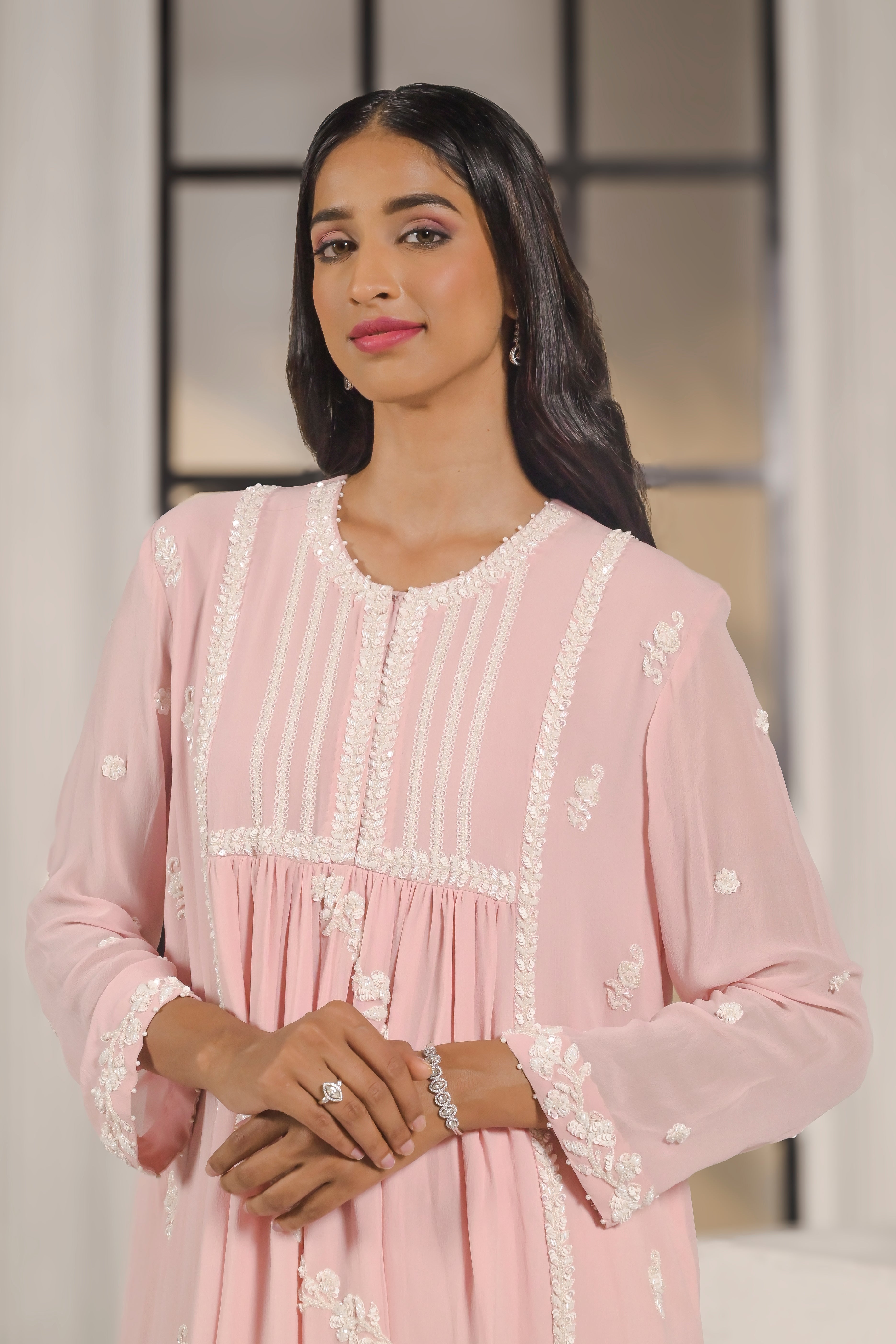 Pink Embroidered A-line Suit Set