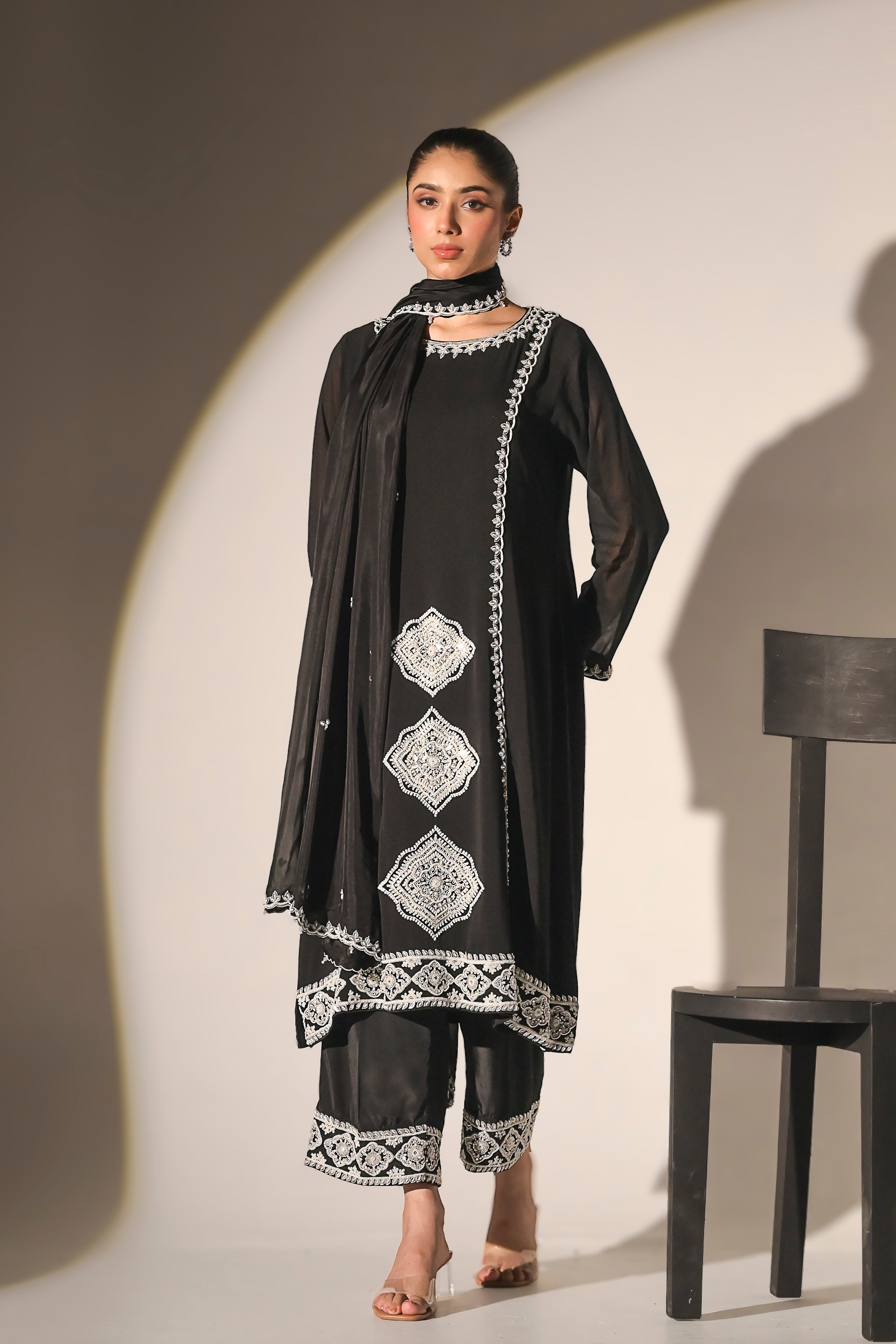 Black Embroidered A-line Suit Set